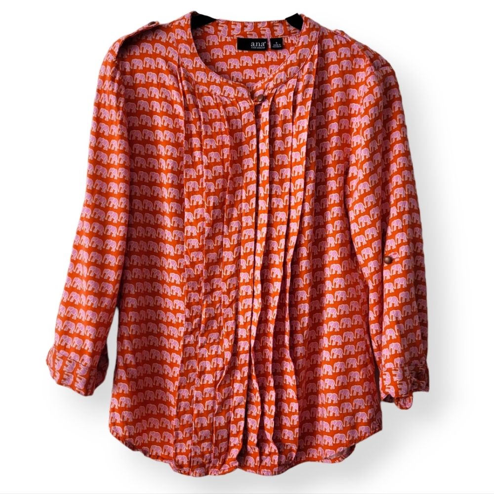 A.N.A. A New Approach Long Sleeve Blouse Orange + Pink Elephants Pleated Front